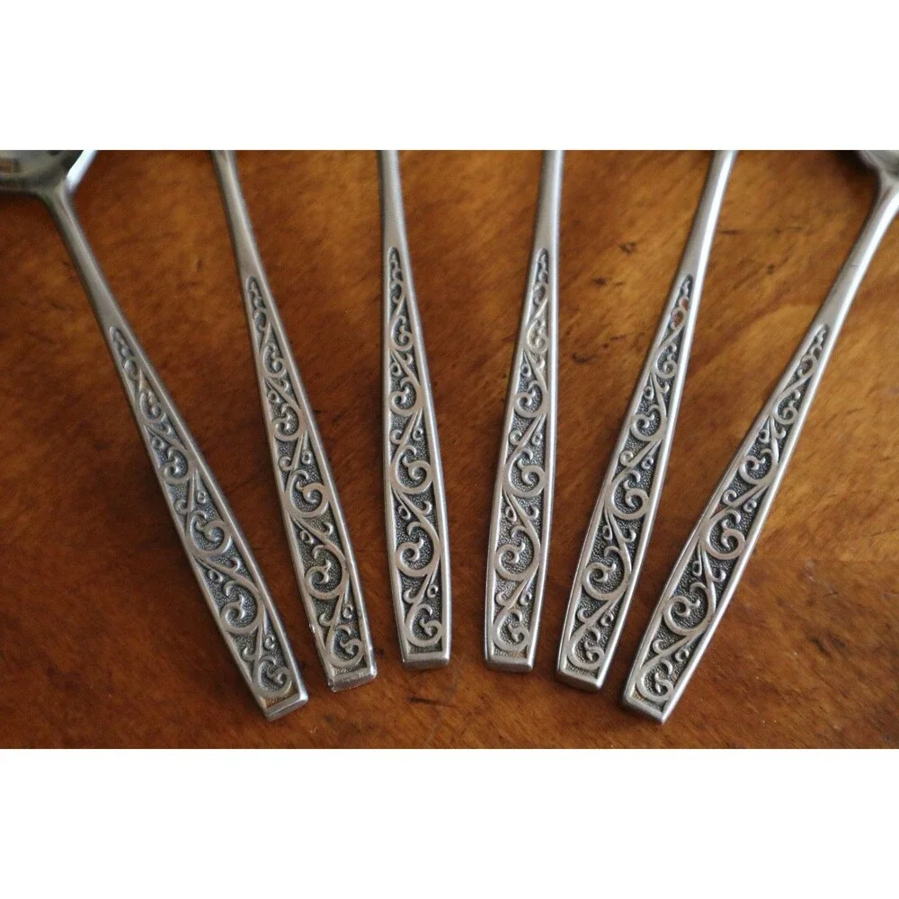 Lot 6x Imperial International IIC DAVOS Stainless Black Floral Teaspoon 6.4